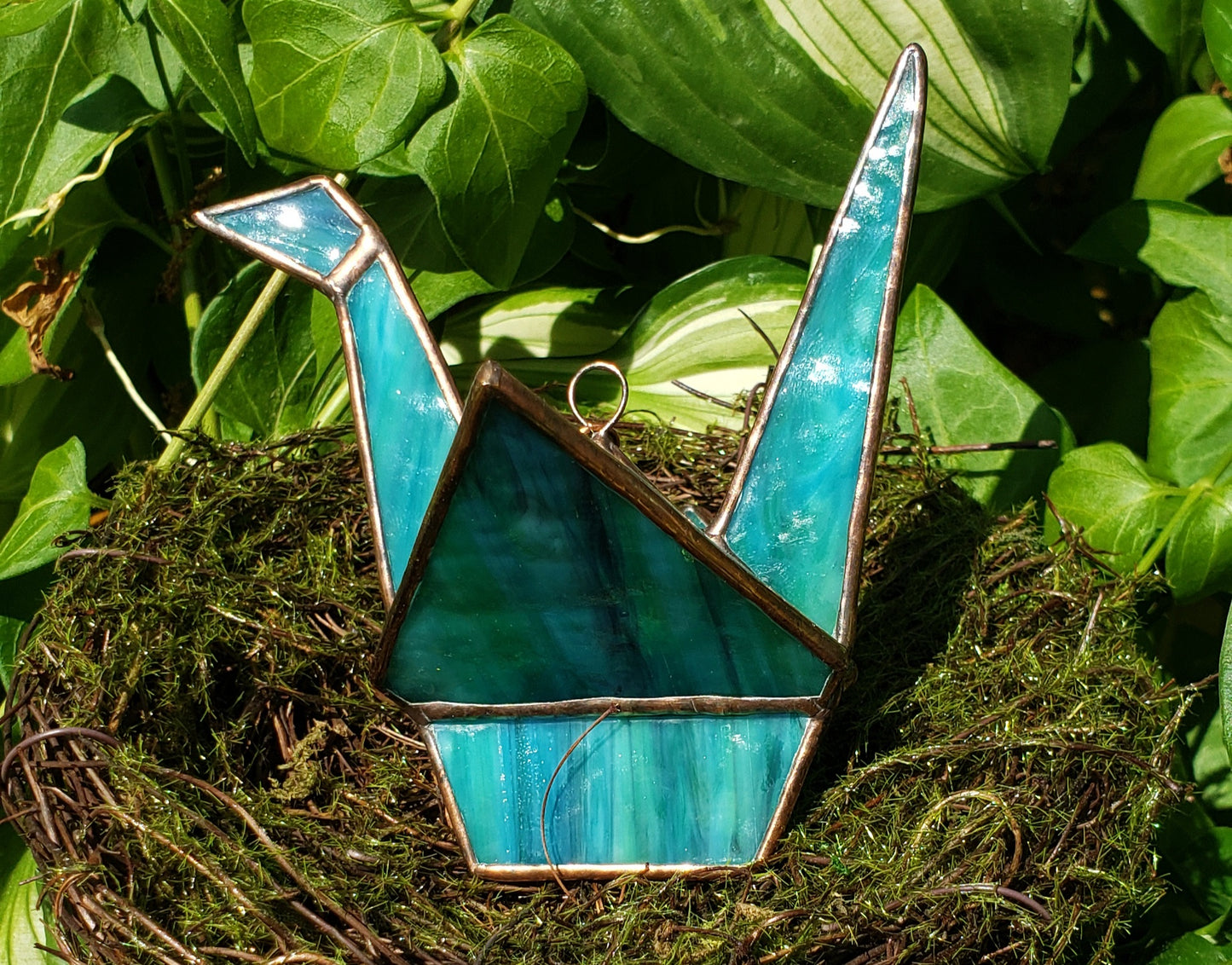 Blue/Green Stained-Glass Crane (#6)